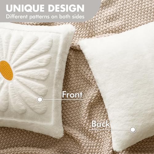 EMEMA Set of 2 Spring Summer Sunflower Floral Pillow Covers, Plush Faux Fur Decorative 18x18 Cushion Cases Adding a Soft, Bright Seasonal Accent to Sofa Couch Bed Modern Farmhouse Living Room, White - color: White, size: 18" x 18" (Pack of 2)