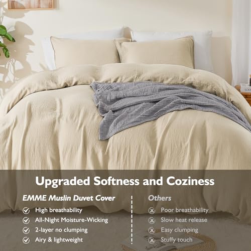 EMME Muslin Cotton Duvet Cover Set King Size Linen Like Soft Breathable Lightweight Summer Comforter Cover Set with Zipper Closure (King, 104"x90") - color: 02 - Beige, size: King(104"×90")