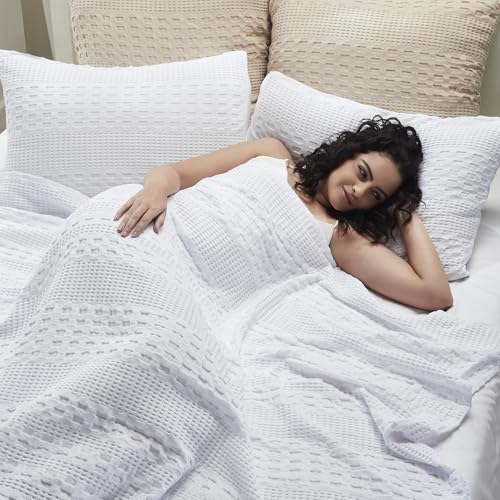 VHC Brands 100% Cotton Waffle Weave Queen Blanket 90"x90", Decorative Lightweight Spring and Summer Throw Blanket, Bedroom Decor for Bed, Couch, or Sofa, White - color: White, size: Queen (90"x90")