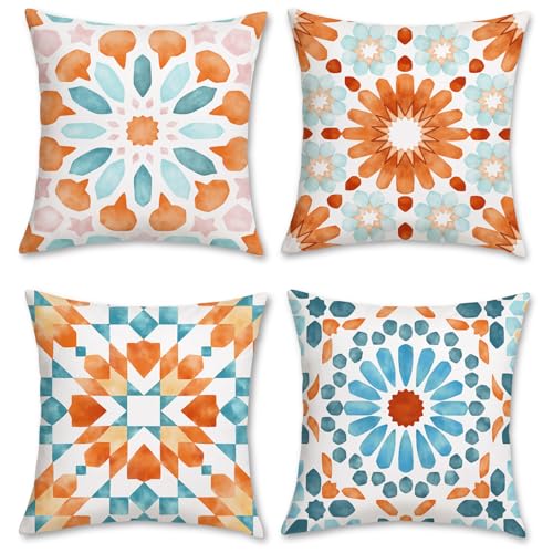 Bonhause Boho Outdoor Pillow Covers 18x18 Inch Set of 4 Orange Mandala Decorative Throw Pillow Cases Soft Velvet for Sofa Couch Garden Bedroom Home Decor - color: Orange & Blue, size: 18" x 18" (Pack of 4)