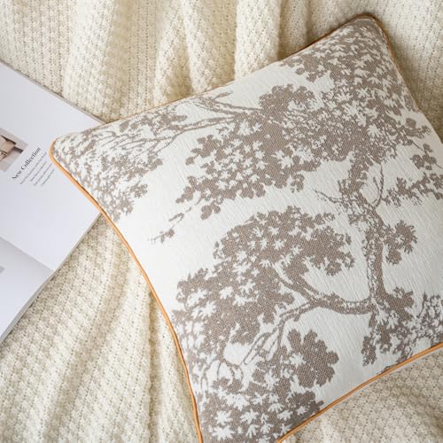 Mantle & Mason Floral 18x18 Throw Pillow Covers Set of 2, French Vintage Woven Jacquard Decorative Accent Pillow Cases for Couch, 430GSM Thick Chenille & Luxury Velvet, Beige - color: Tree Pattern Beige, size: 18" x 18" (Pack of 2)