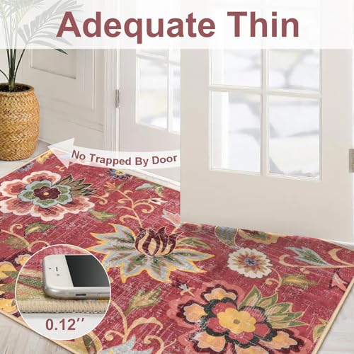 Beeiva Floral 3x5 Washable Rug Non Slip, Red Small Vintage Washable Rugs for Entryway, Ultra Thin Paisley Red Lightweight Entryway Carpet for Bathroom Kitchen Bedroom Office Christmas - color: Red, size: 3' x 5' (Rectangular)