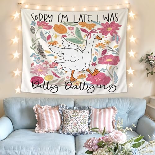 Lacama Pink Funny Tapestry, Cute Goose Tapestry for Bedroom Teen Girls Room College Dorm Apartment, Preppy College Dorm Decor, Sorry I’m late, I was Dilly Dallying Blanket for Friend 50x60 - color: Sorry I'm late, I was Dilly Dallying