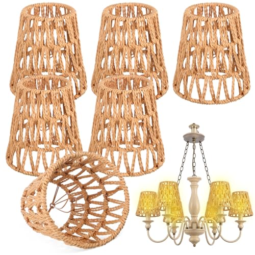 6 Pcs Small Rattan Bell Lamp-Shade, Rattan Lamp Shade,Boho Lamp-Shades Replacement Bohemian Style Light-Shade Replacement for Floor Lamp Pendant Light Wall Sconces(Rattan,Brown,Clip on)