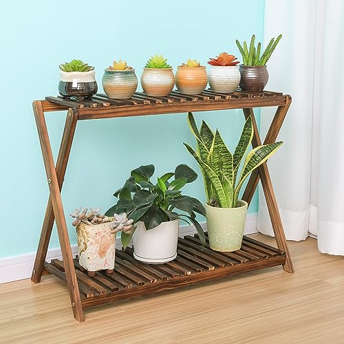 Wooden Plant Stand Indoor 2 Tier Narrow Plant Stand Outdoor Plant Shelf Display Rack Corner Flower Rack Stand for Living Room Garden Patio Balcony (X-Cross Design)