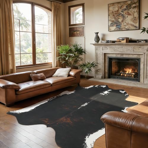 BENRON Premium Cowhide Rug, Faux Cow Hide Rugs for Living Room Bedroom, Cute Animal Hides and Skins for Kids Nursery Western Home Decor, Black, Brown, 4.6 x 5.2ft - color: Black Brown, size: 4'7" x 5'2" (Irregular)