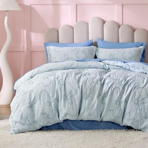 Bedsure Blue Duvet Cover Queen Size with Bowknot Jacquard Design, Soft and Elegant Boho Bedding Set, Luxurious Craftsmanship for a Stylish Bedroom,Includes 1 90"x90" Duvet Cover & 2 Pillow Shams - color: 03 - Blue Bowknot (No Comforter), size: Queen (90"