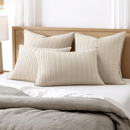 Set of 2 Decorative 100% Cotton Waffle Euro Sham Pillow Covers 24x24, Neutral Throw Pillows Weave European Cushion Cases for Couch Sofa Bed Modern Farmhouse Home Decor, Oatmeal - color: Oatmeal, size: 24" x 24" (Pack of 2)