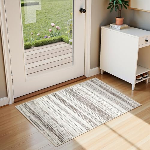 Tortania Area Rug Living Room Rugs - 2x3 Washable Soft Neutral Boho Moroccan Farmhouse Mat Indoor Floor Carpet for Bedroom Under Dining Table Home Office Decor - Cream Brown - color: Cream/Brown, size: 2' x 3' (Rectangular)