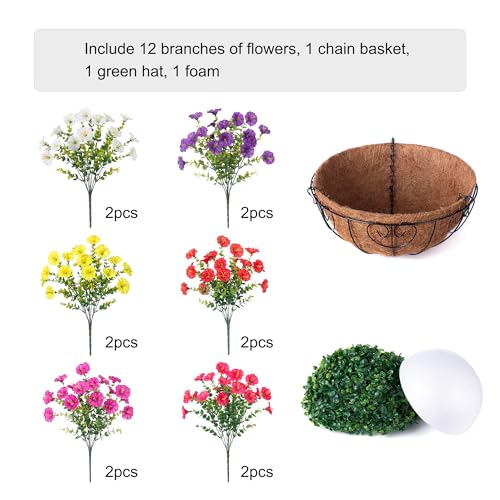 Artificial Faux Hanging Flowers Plants Basket for Outdoors, Silk Morning Glory with Eucalyptus in Planter Look Real UV Resistant Fake Flowers for Porch Outside Patio Balcony Yard Indoor Summer Decor - color: Multi-color (6 Colors)
