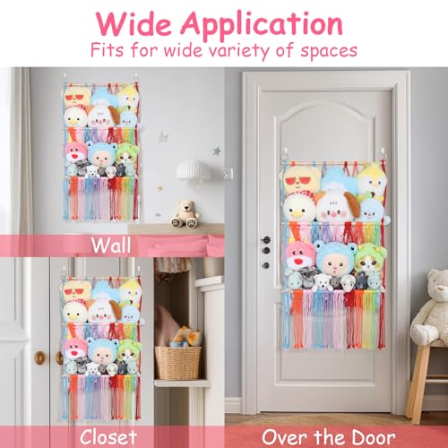 2 Tier Stuffed Animal Storage Shelf Net, 17x32Inch Large Stuffed Animal Organizer Holder Display for Mini Medium Stuffy, Rainbow Boho Macrame Wall Plushies Stuffy Storage for Nursery Decor - color: Rainbow, size: Large-2 Tier-17x32 Inch