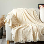 GLORY SEASON 100% Cotton Throw Blanket in Cream Jacqard Weave Fabric with Fringe Soft All Season Cover for Bed Couch and Living Room Sofa,Chair 50x60 Inches - color: Cream