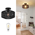 Rattan Light Fixtures Ceiling Mount,Boho Ceiling Light Fixture with Dimmable LED Bulb，Mini Hand Woven Rattan Chandelier Light Fixtures Ceiling for Bedroom Kitchen Entryway Living Room Hallway（Black） - color: Black
