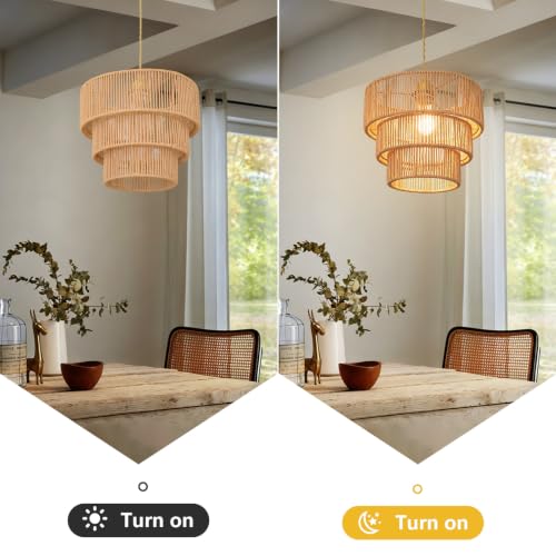 11.8" Gold Rattan Chandelier Boho Woven Pendant Light Fixture Rustic 3-Tier Wicker Hand-Woven Rattan Chandelier for Dining Room Kitchen Island Living Room Bedroom Foyer Entryway - color: 11.8″