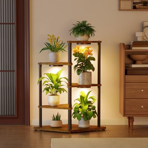 iDavosic.ly Tall Plant Stand with Grow Lights for Large & Heavy Duty Planters, 4 Tier Indoor Corner Flower Shelf with Wooden Trays & Metal Frame, Orchid Rack for Living Room Balcony, Black & Brown - size: 4 Tier with Light