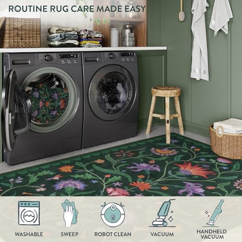 Lahome Boho Floral Washable Green 5x7 Area Rugs for Living Room, Non Slip Rugs for Bedroom Entryway, Indoor Ultra-Thin Throw Dining Room Carpet for Under Table Kitchen Dorm(Forest Green,5x7) - color: Forest Green, size: 5' x 7' (Rectangular)