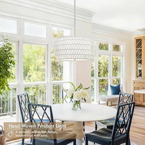 18 inch White 3 Light Rattan Chandelier Rattan Farmhouse Light Fixture Woven Pendant Lights Fabric Shade Boho Chandelier for Kitchen Dinning Room - color: 18"-White-Drum