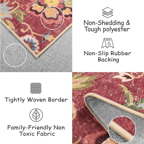 Beeiva Floral 5x7 Red Area Rugs, Washable Rug for Living Room Lightweight Paisley Print Vintage Ultra Thin Large Burgundy Non Slip Carpet for Bedroom Dining Room Christmas Decor - color: Red, size: 5' x 7' (Rectangular)