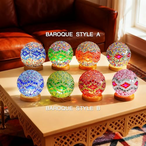 Mosaic Glass Table Lamp Spherical Decorative Light Stained Glass Lamps with Wooden Base for Art Studio Zen Space Living Room Decor Unique Holiday Gift(Baroque B - Green, Baroque) - style: Baroque B Green