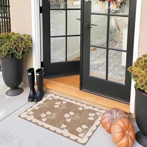 Front Door Mat Outside Entrance - 2x3 Floral Non-Slip Washable Doormat Indoor Outdoor Mat Tan Neutral Farmhouse Scalloped Entry Rug Small Throw Rugs for Entryway Kitchen Front Porch Decor - color: Flower - Brown, size: 2' x 3' (Rectangular)