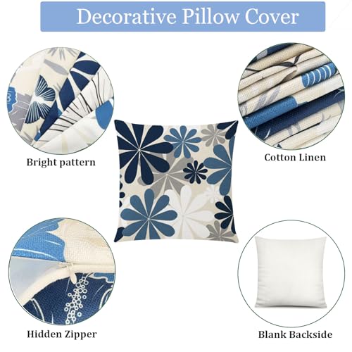 COMMINY Blue White Pillow Covers 16x16 Set of 6, Daisy Dahlia Throw Pillow Cover, Beige Pillowcase, Modern Couch Pillow Cover for Sofa Living Room Farmhouse Home Decor - color: Blue White Beige, size: 16" x 16" (Pack of 6)