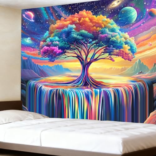 Alened Blacklight Tree of Life Tapestry for Bedroom,Space Galaxy Aesthetic Wall UV Reactive Tapestries, Colorful Starry Sky Wall Hanging psychedelic Waterfall Tapestry (60'' x 79'') - color: Black Waterfall Tapestry, size: 79"L x 60"W