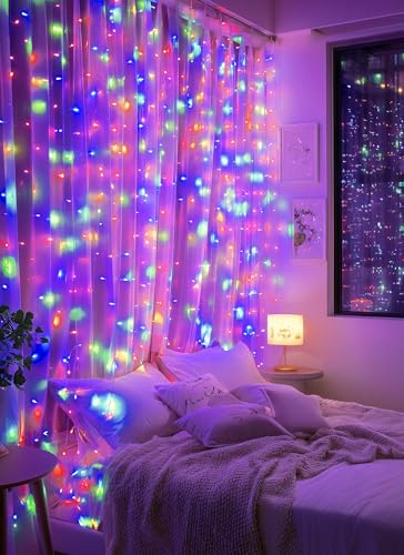 Brightown 300 LED Fairy Curtain Lights, Curtain String Lights, USB Plug in 8 Lighting Modes Christmas Decoration, Hanging Lights with Remote for Bedroom Indoor Weddings Dorm Multicolor 1 Pack - color: Multicolor, size: 1 Pack-300 LED-USB Plug