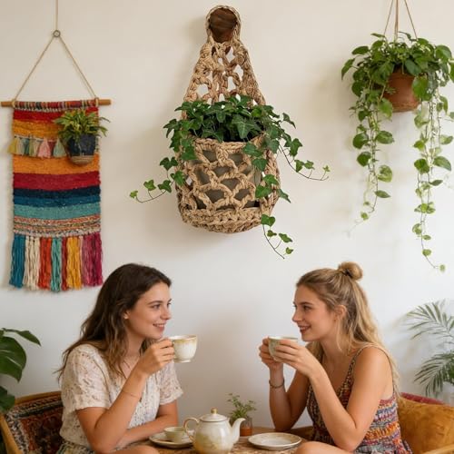 Hanging Plant Basket – Hand Woven Cotton Rope Wall Mount Planter with Hooks | Bohemian Style Indoor Plant Stand for Home Decor, Indoor Greenery, Balcony, and Window Display - color: Brown