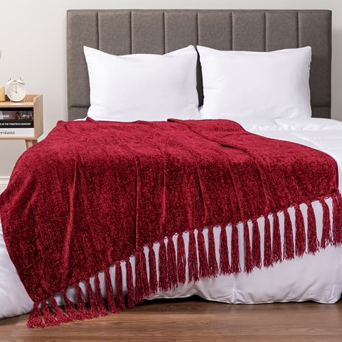 PAVILIA Burgundy Red Blanket for Couch, Twin Size Bed, Chenille Throw for Sofa Bed, Soft Knit Woven Maroon Blanket with Decorative Tassel for Living Room, Wine Red Twin 60x80 - color: Red, size: 60 X 80 Inches - Twin