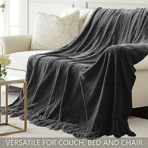 Chenille Throw Blanket for Couch 50"X 60", Soft Cozy Throws with Fringe Tassel for Bed Sofa Chair Cover, Lightweight Knitted Decorative Boho Blankets for Living Room, Dark Grey - color: Dark Grey, size: 50x60 inch