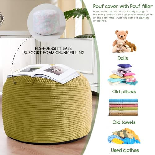 HIGOGOGO Round Stuffed Pouf Ottoman, Corduroy Poufs with Foam Chunk Filling, Furry and Fluffy Pouf Foot Stool Storage Ottoman, 20 X 15 Floor Poufs Foot Rest for Living Room, Green - color: Green, size: 20"D x 20"W x 15"H