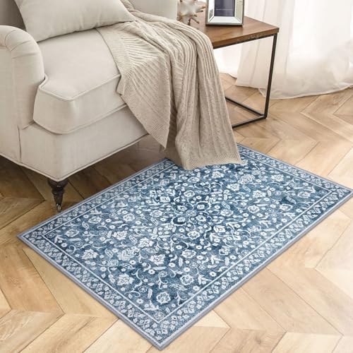 Vintage Entryway Rug 2x3, Blue and White Washable Accent Rug, Non-Slip Small Area Carpet, Floral Print Faux Wool Soft Door Mat for Indoor Entrance, Front Door, Kitchen, Bedside - color: Light Denim Blue and White, size: 2' x 3' (Rectangular)