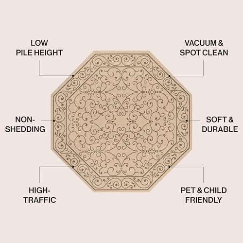 JONATHAN Y Vintage Filigree Indoor Outdoor Octagon Area Rug 8 Ft Beige/Brown, Charleston Textured Weave for Backyard, Patio, Porch, Easy-Cleaning, High Traffic, Pet-Friendly Non-Shedding SMB106A-8TGN - color: Beige/Brown, size: 7'9" x 7'9" (Octagonal)