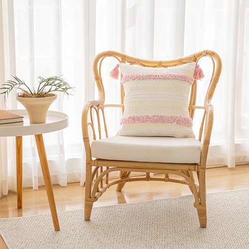 Boho Throw Pillow Covers 20x20 Set of 2 Woven Tufted Farmhouse Pillows Cover with Tassels Textured Striped Cushion Case Neutral Pillow Cases Decorative Pillowcase for Sofa, Couch, Bed, Pink - color: Pink, size: 20" x 20" (Pack of 2)