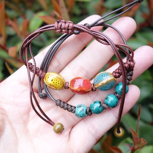 Handmade Green Boho Bracelets for Women, Bohemian Ceramic Beads Bracelets for Friends, Trendy Porcelain Stone Beaded Bracelets for Sisters - color: green and colorful
