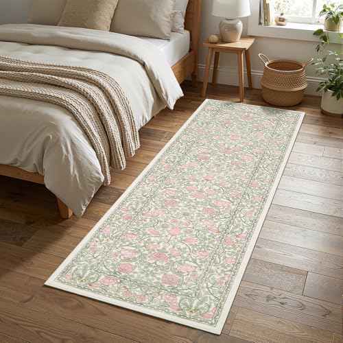 GarveeHome Pink and Green Vintage Floral 2x6 Runner Rug Washable Kitchen Rugs Non Slip Boho Long Rug for Hallways Bedroom Entryway Bathroom Mat with Rubber Back Beige - color: A Beige / Pink, size: 2' x 6' (Runner)