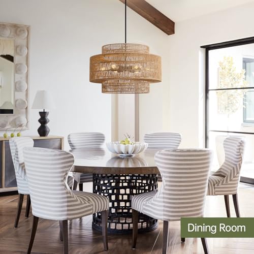 24" Boho Large Rattan Chandelier Light Fixture, 6-Light Large Black Pendant Light Fixture Farmhouse Rustic Chandeliers for Kitchen Bedroom, Dining Room, Living Room, Hallway, Foyer - color: Brown+Black Hardware, size: 24" 6-Light
