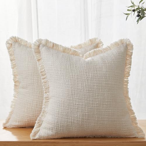 Decorative Throw Pillow Covers Set of 2,18x18 Inch Boho Farmhouse Cushion Covers with Tassels Natural Fringe Design for Couch Sofa Living Room Decor (Beige, 18"x18"(Pack of 2)) - color: Beige