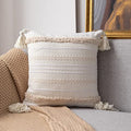 Boho Cotton Handwoven Throw Pillow Covers Tufted Decorative Cushion Covers for Bedroom Living Room Sofa Farmhouse Square Fringed Throw Pillow Case (Cream, 18"x18") - size: 18" x 18" (Pack of 1)