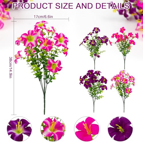 2 Set Artificial Outdoor Petunias Flowers with Hanging Baskets, 24 Pcs UV Resistant Faux Petunias Flowers with Hanging Planter for Front Door Porch Spring Outside Decor (2, RoseRed,RedViolet) - color: Rosered,redviolet