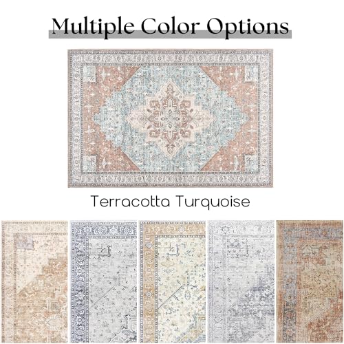 Washable Entryway Rugs Indoor,3x5 Area Rug Non Slip Bohemian Vintage Throw Rugs Thin Front Door Mat Entrance Doormat,Terracotta Rust Burnt Orange and Turquoise - color: Terracotta Turquoise, size: 3' x 5' (Rectangular)