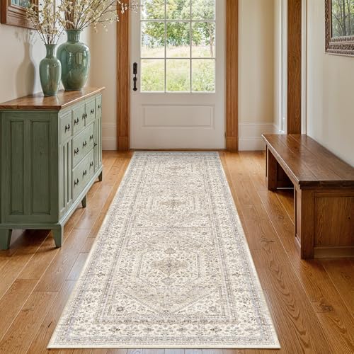 2x5 Runner Rug for Hallway Washable: Non Slip Kitchen Rugs with Rubber Backing Soft Waterproof Mats Stain Resistant Indoor Vintage Carpet Runner for Bedroom Bathroom Laundry Entryway Beige/Gray - color: Beige/Gray, size: 2' x 5' (Rectangular)