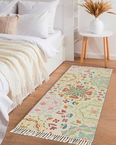 Beige Boho Kitchen Runner Rug 2' x 4', Retro Ethnic Shabby Colorful Floral Patterned Washable Rug with Tassels, Non Slip Woven Cotton Bathroom Rugs Hallway Carpet for Foyer Bedroom Entry Back Door - color: Multicolor Linen, size: 2' x 4' (Rectangular)