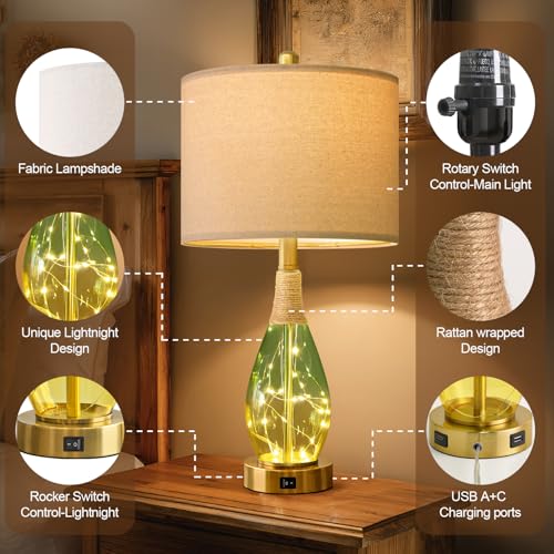 OYEARS 23" Table Lamps Set of 2,Farmhouse Lamps with Glass Nightlight, Bedside Lamps for Living Room, Rattan Lamps for Bedroom Nightstands, Two Light Points - color: Yellow Green