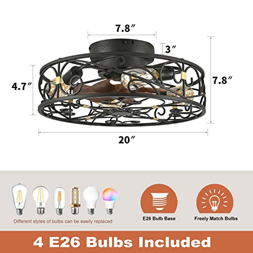 20" Caged Ceiling Fans with Lights and Remote, Bladeless Ceiling Fan 6 Speed Reversible with 4 Bulbs and Remote Control,Flush Mount Caged Ceiling Fan for Bedroom, Living Room, (Include Bulbs) - color: Black (with light bulb)