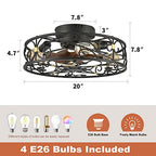 20" Caged Ceiling Fans with Lights and Remote, Bladeless Ceiling Fan 6 Speed Reversible with 4 Bulbs and Remote Control,Flush Mount Caged Ceiling Fan for Bedroom, Living Room, (Include Bulbs) - color: Black (with light bulb)