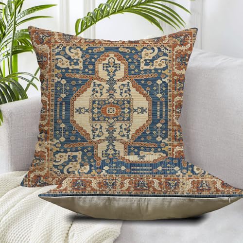 Blue Orange Western Ethnic Boho Throw Pillow Covers 20x20 Set of 2 | Vintage Boho Outdoor Pillows Cover Fall Autumn Bohemian Farmhouse Decorative Pillow Case for Couch Bed Living Room Decor - color: Blue Orange 1, size: 20" x 20" (Pack of 2)