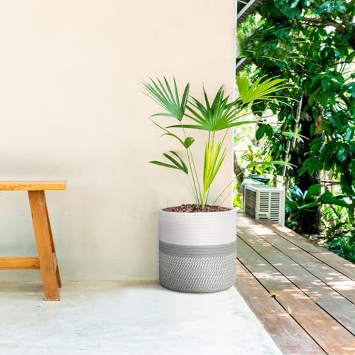 Plant Basket with Stand Indoor Planter Pot Holder Sturdy Jute Rope Modern Woven Basket, Cotton Rope Woven Pot with Bamboo Stand(10 Inch,White and Gray) - color: White and Gray, size: 10 Inch