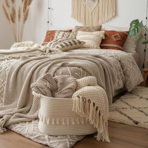 TeoKJ White Cotton Rope Baskets for Storage, Set of 3 Woven Clothes Basket for Organizing and Storage, Blanket Basket for Living Room Laundry Bathroom Shelves - color: White, size: 3 Pack