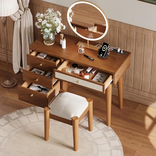 47" Rattan Vanity Table with Mirror and Lights, Brown Makeup Vanity with Storage & 5 Drawers, Boho Vanitys Desk with Shelves for Bedroom, 3 Lighting Modes, Adjustable Brightness (Dark Brown) - color: Dark Brown